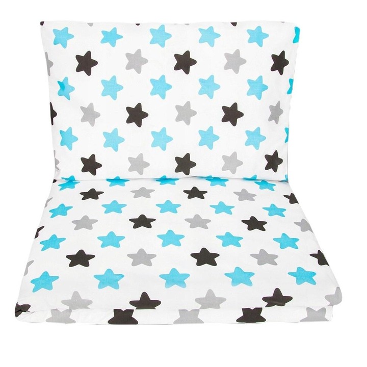 Set fata de perna/cuvertura pilota Stars, Tuppi, Bumbac, Antialergic, Albastru/Gri
