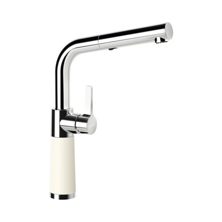 Magas konyhai csaptelep kihúzható zuhanyzóval SC-540, 2 fúvóka típus, kerámiapatron, Cristadur Magnolia, fehér