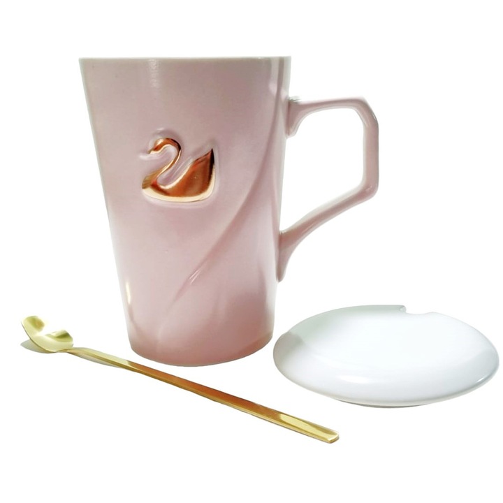 Set cana cu lingurita si capac Swan Roz, ceramica 370ml
