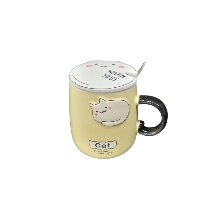 Set cana cu lingurita si capac pisica alba Heal Me, ceramica 400ml