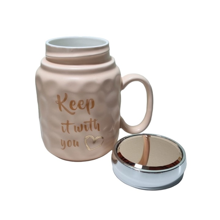 Cana cu capac metalic Keep it with you, ceramica 450ml, Peach