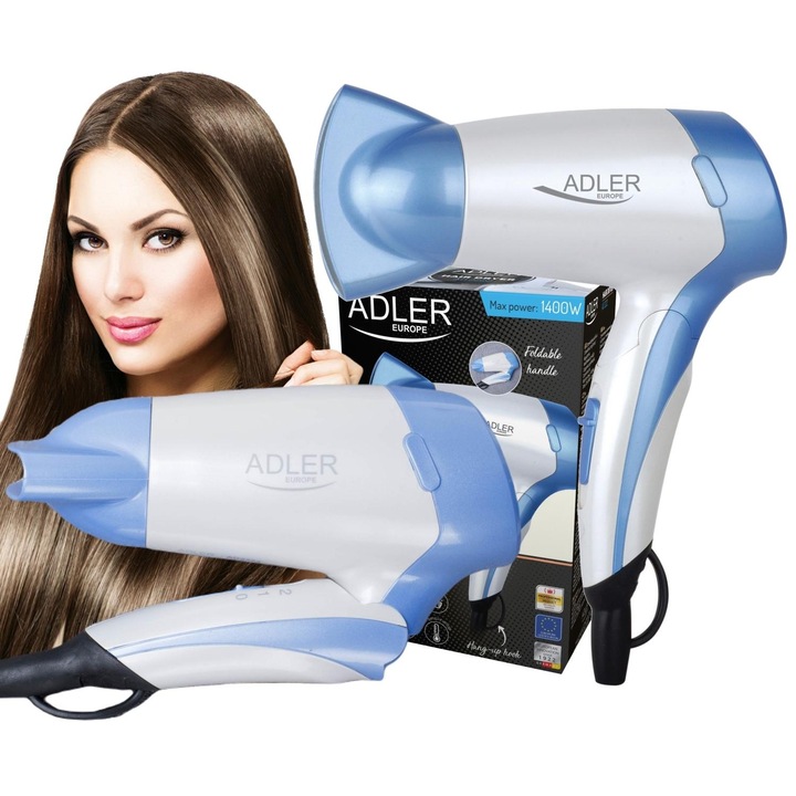 Uscator de par de voiaj, Pliabil, 1200 W, 2 trepte de putere, Alb/Albastru