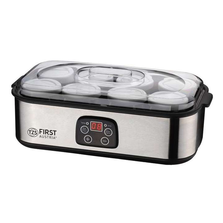 Уред за кисело мляко First Austria FA-5120-2, Дигитален, 8 чаши, 190ml, 30W, Таймер, Инокс/Черен