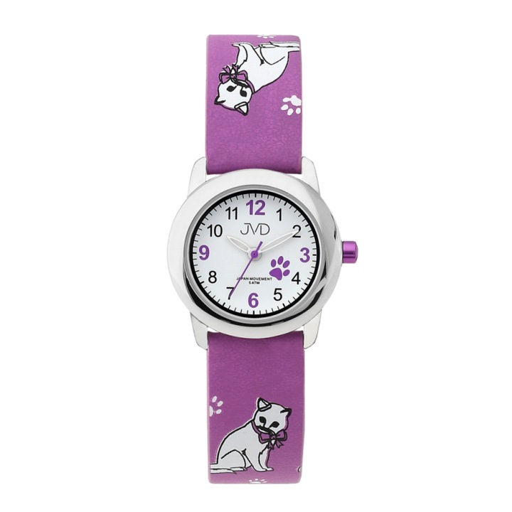 Ceas pentru copii, JVD, Model pisica, Inox/Poliuretan, Argintiu/Mov