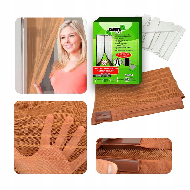 Plasa protectie impotriva insectelor cu inchidere magnetica pentru usi, Chomik Gdów, Dimensiuni latime x Inaltime 80/90/100 x 210/220 cm, cu 20 magneti puternici si banda adeziva incluse, Maro Deschis