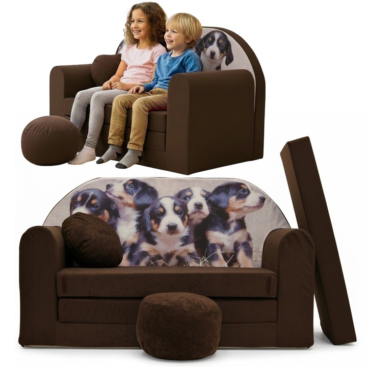 Canapea pliabila pentru copii Tuppi, 160x98x60cm, Din spuma, Husa detasabila, Model catelusi, Multicolor