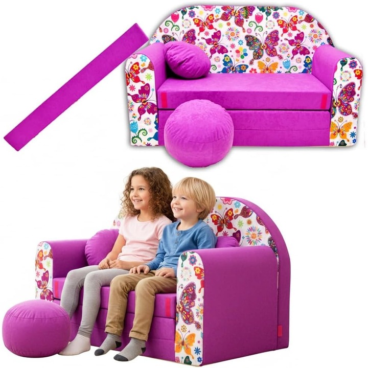 Canapea pliabila pentru copii Tuppi, 160x98x60cm, Din spuma, Husa detasabila, Model fluturi, Multicolor