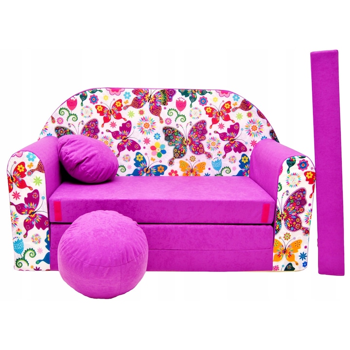 Canapea pliabila pentru copii Welox, 160x98x60cm, Husa detasabila, Model fluturi, Multicolor