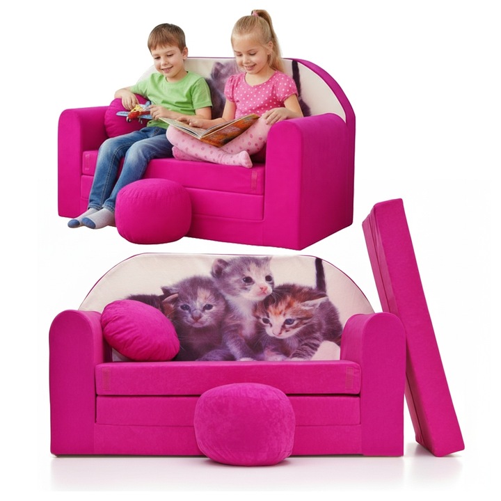 Canapea pliabila pentru copii Tuppi, 160x98x60cm, Din spuma, Husa detasabila, Model pisicute, Multicolor