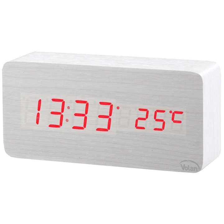 Ceas de Masa Digital LED VOLAN VST862, cu Alarma, Termometru si Data, Design Modern Aspect Lemn, Functie Senzor Sunet, 3 Niveluri Luminozitate, Alb cu Afisaj Rosu