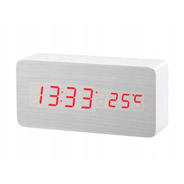 Цифров будилник Volan, LCD, 14.8x3.9x7cm, Температура, Бял
