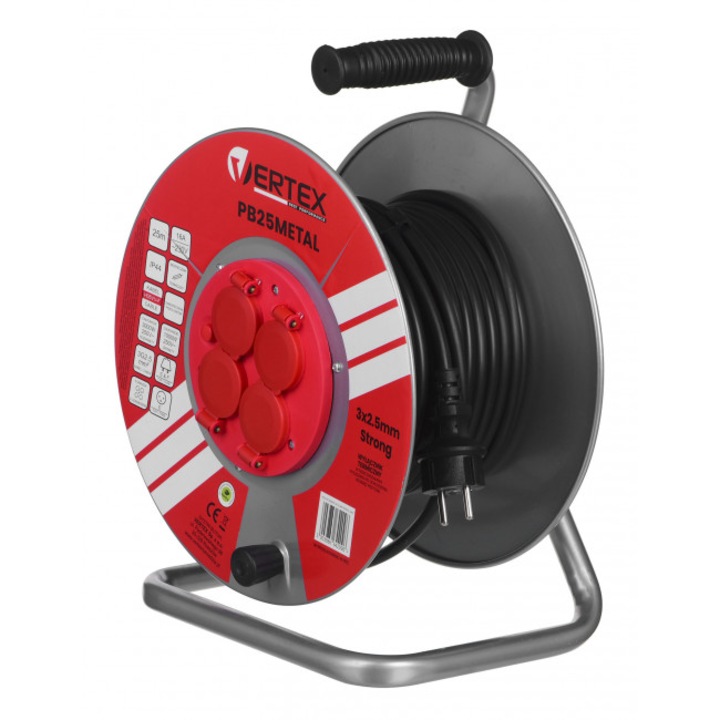 Hosszabbító kábel orsóval, Vertex, 25m, piros/fekete