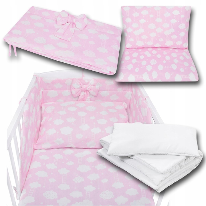 5 db-os baba ágynemű szett, Tuppi, pamut/szilikon, 120x90/60x40cm, rózsaszín/fehér