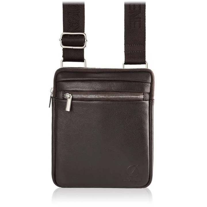 Geanta de piele naturala, Brodrene, G-02, pentru barbati, crossbody, 18 x 23 x 5 cm, Maro inchis
