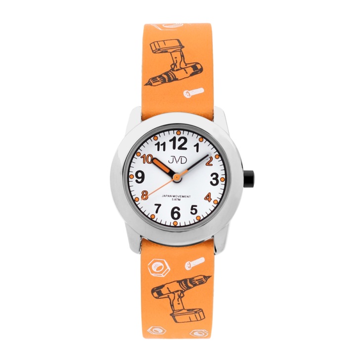 Ceas pentru copii, JVD, Inox/Poliuretan, Portocaliu