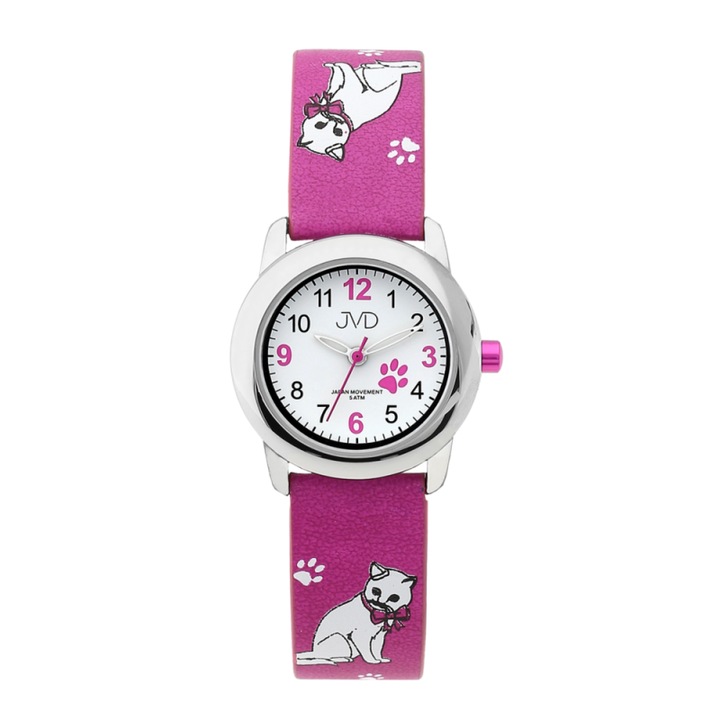 Ceas pentru copii, JVD, Inox/Poliuretan, Roz/Alb