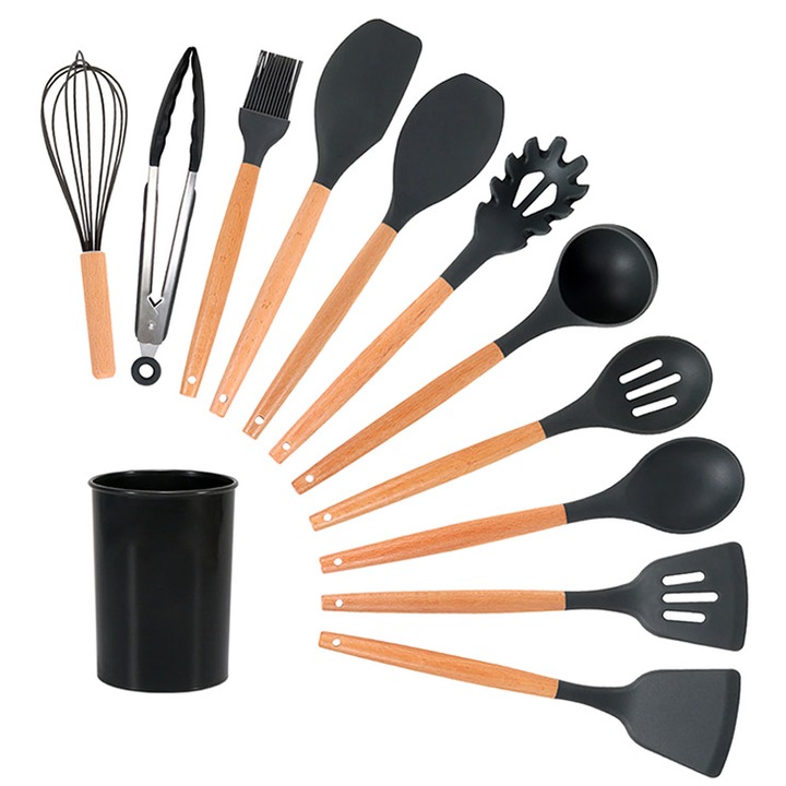 Set 13 Ustensile negre antiaderente de Bucatarie din silicon cu maner de Bambus calitate premium