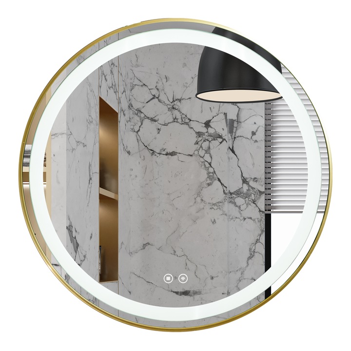 Oglinda baie cu iluminare LED 70cm, Rama Aurie, 3 Tipuri de Lumini, Buton Touch, Dezaburire, Intensitate Reglabila
