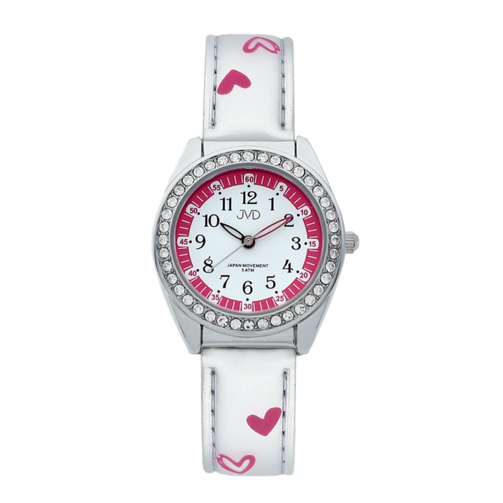 Ceas copii cu inimioare, JVD, Metal/Piele ecologica/Pietre zirconiu, 5 ATM, Alb/Roz