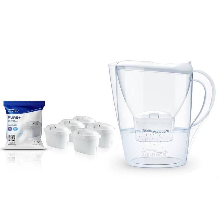 Set cana filtranta Aqualogis Harmony 2.6 L Bianco + 5 filtre PURE+ – plastic fara BPA, capac flip-top, contor schimbare filtru, imbunatateste gustul apei, compatibila cu Brita Maxtra/Plus, Dafi, Laica, ideala pentru uz zilnic