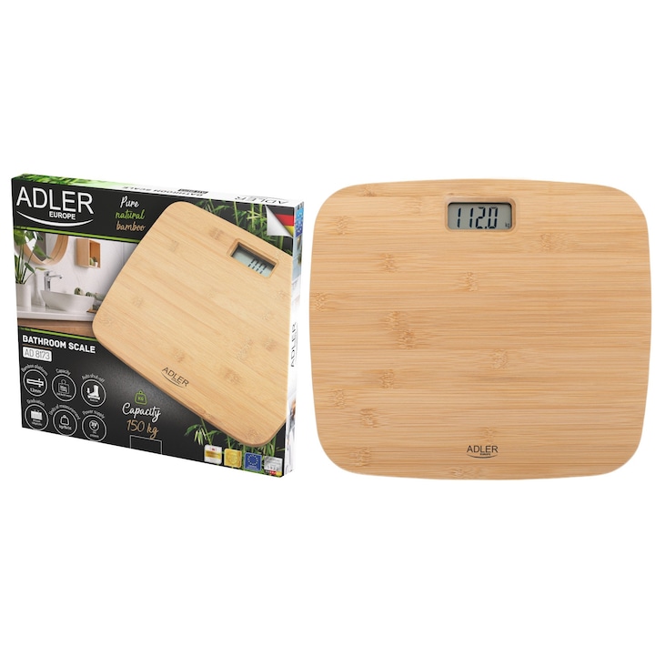 Cantar De Baie, Adler, AD 8173, 33.5x30x2.8 cm, Capacitate Maxima 150 kg, Baterie Cr2032, Material Bambus Natural, Indicator De Nivel Scazut Al Bateriei, Indicator De Suprasarcina, Activare/Dezactivare Automata, Ecran LCD Usor De Citit, Bej