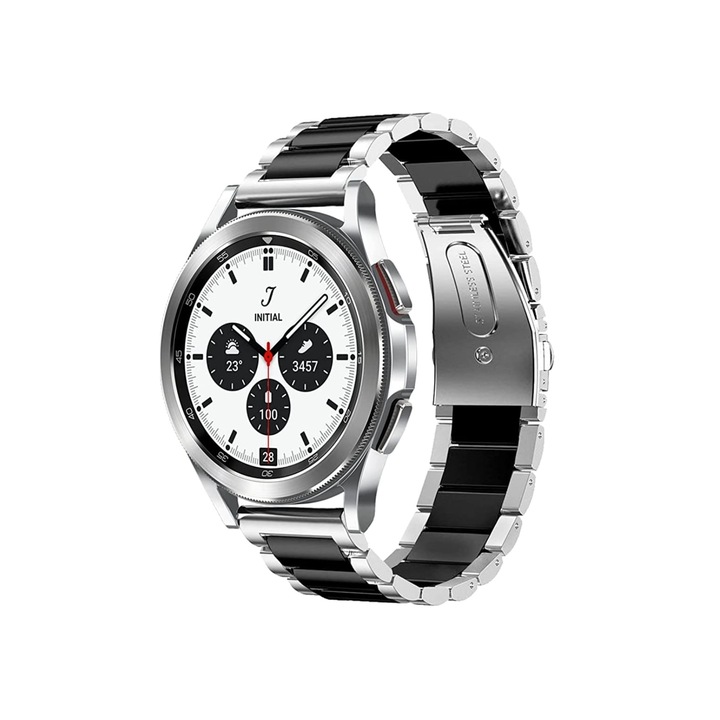 Rozsdamentes acél szíj, gyorskioldó, kompatibilis a Classic Samsung Active / Active 2 / Galaxy Watch / Huawei Watch GT2 42mm / Amazfit BIP GTS / GTR gts mini készülékkel, szélesség 20 mm, ezüst feketével