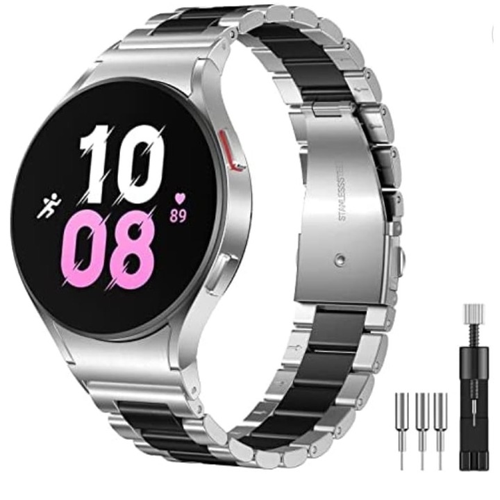 Каишка от неръждаема стомана, съвместима с Samsung Galaxy Watch 4/5/5 pro 40/42/44/45/46 мм сребристо с черно