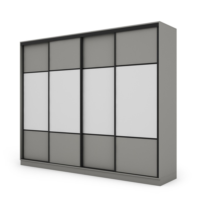 Dulap, Meblast, Premium lucrate manual, 300 cm x 244 cm x 64 cm, Sifonier, PAL 18 mm, HDF de 3 mm, PVC 0.8 mm, Numar de usi 4, Numar de sertare 5, Gri/Alb, 364853