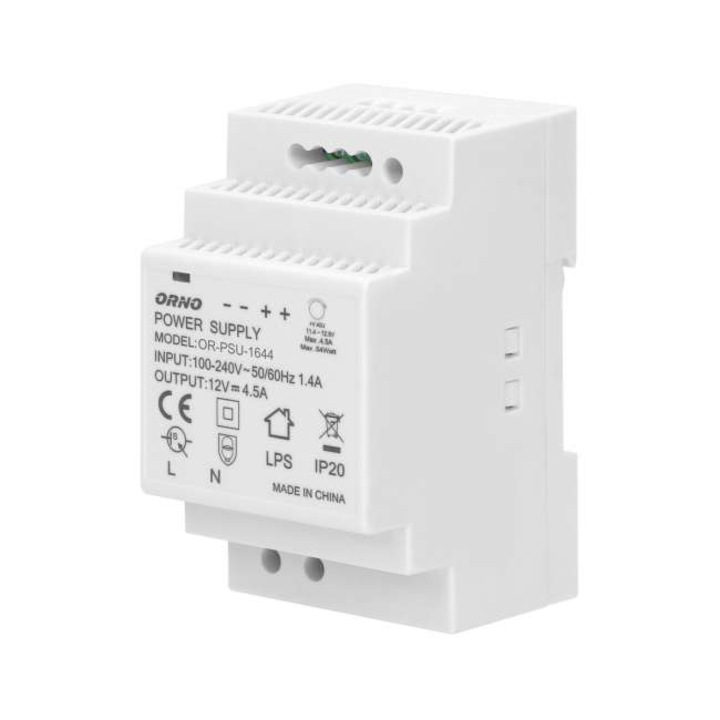 Захранване, Orno, 12 VDC/4.5 A, 54 W, Ширина 3 модула, DIN шина, Бял