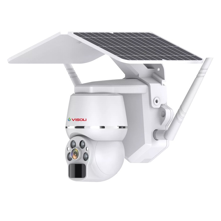 Camera de supraveghere Sim 4G Visoli® Q7, Rezolutie 4MP, de exterior, 4K, 2 X Panouri solare, Rotire din aplicatie, rezistenta la apa, comunicare bidirectionala, senzor miscare, activare lumina, Alb