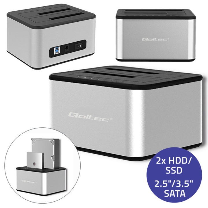 Statie De Docare Cu Alimentator Si Cablu Usb 30, Qoltec, 50316, Standard: Usb 30, Tensiune De Intrare: 12 V, Intensitate De Iesire: 3 A, Material: Aluminiu, Dimensiuni: 135 mm x 77 mm x 114 mm, Argintiu