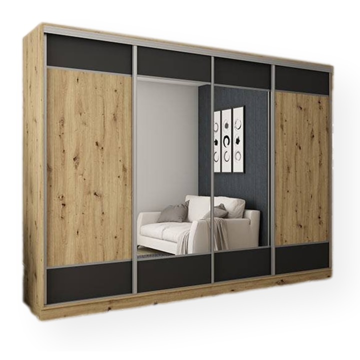 Dulap, Meblast, Premium lucrate manual, 320 cm x 244 cm x 64 cm, Sifonier, PAL 18 mm, HDF de 3 mm, PVC 0.8 mm, Numar de usi 4, Numar de sertare 6, Cu oglinda - 2 buc, Stejar Artisan/Negru, 365133