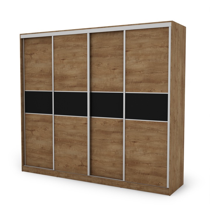 Dulap, Meblast, Premium lucrate manual, 276 cm x 244 cm x 65 cm, Sifonier, PAL 18 mm, HDF de 3 mm, PVC 0.8 mm, Numar de usi 4, Numar de sertare 4, Cu oglinda - 2 buc, Stejar Lefkas/Negru