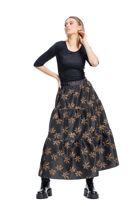 Női ruha, RVL Fashion, hosszú, taft virágos motívumokkal, fekete, D3425