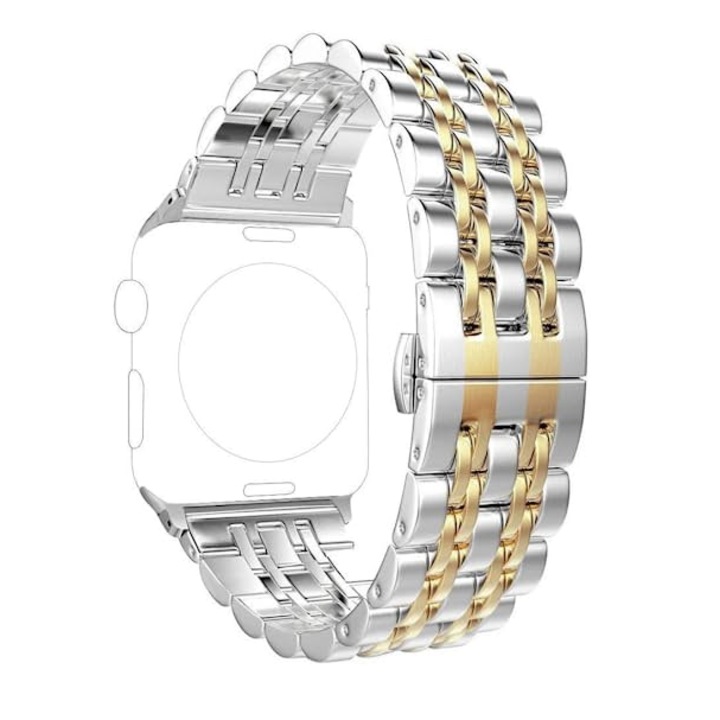 Curea Metalica MTP pentru Apple Watch, Zale impletite In Doua Nuante, Sistem Inchidere Butterfly, Compatibila cu Apple Watch 1/2/3/4/5/6/SE, Model Slim, Super Usor, Silver/Gold 40 mm