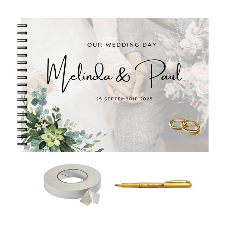 Set Album foto / GuestBook pentru nunta, design floral minimalist, personalizabil, A4 landscape, pix si dubluadeziv inclus, 3 piese