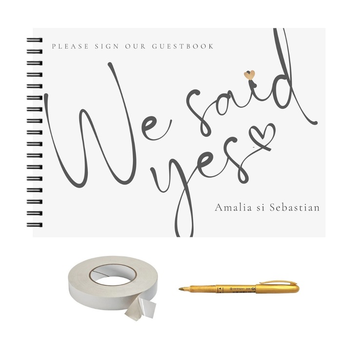 Set Album foto / GuestBook pentru nunta, We Said Yes, A4 landscape, pix si dubluadeziv inclus, 3 piese