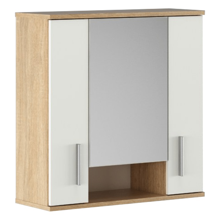 Dulap suspendat cu oglinda mdf natur stejar sonoma alb Lessy 68.7x26x72 cm