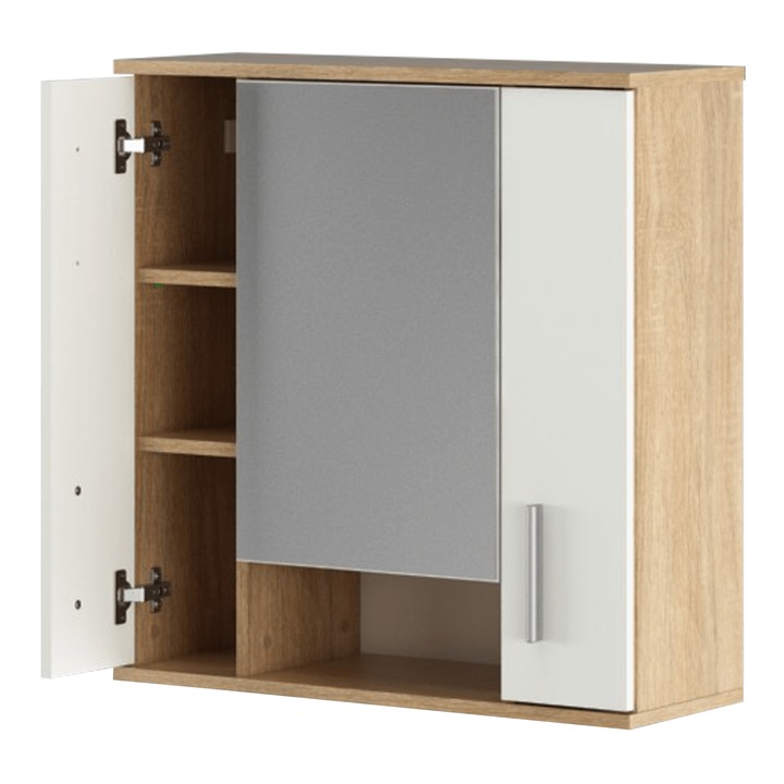 Dulap suspendat, cu oglinda, pentru baie, PAL laminat, cu 2 usi si un raft deschis, design modern, 68,7x26x72 cm, Bortis