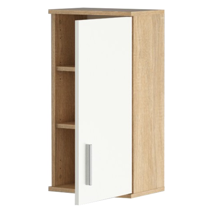 Dulap superior, alb, stejar sonoma, cu maner din plastic, din Pal laminat, o usa, 2 rafturi, practic si elegant, ideal pentru baie, 38x25x72 cm, Bortis
