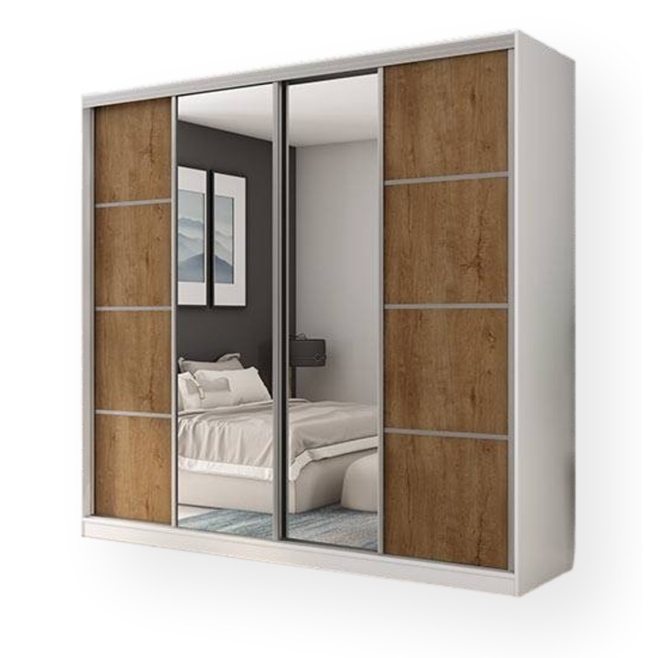 Dulap, Meblast, Premium lucrate manual, 260 cm x 240 cm x 65 cm, Sifonier, PAL 18 mm, HDF de 3 mm, PVC 0.8 mm, Numar de usi 4, Numar de sertare 4, Cu oglinda - 2 buc, Alb/Stejar Lefkas