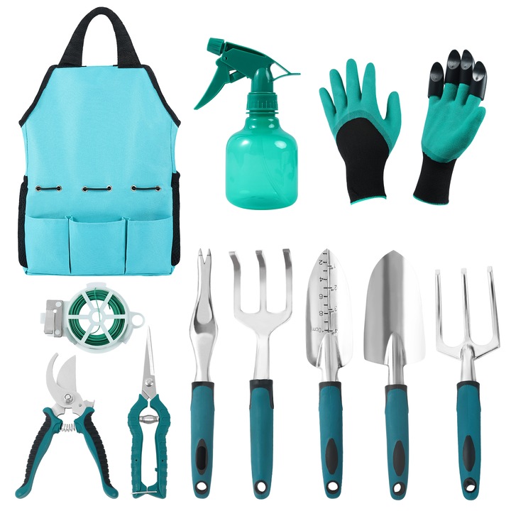 Градински инструменти GOGOU, С чанта за съхранение, Алуминий, Зелен, Комплект от 11