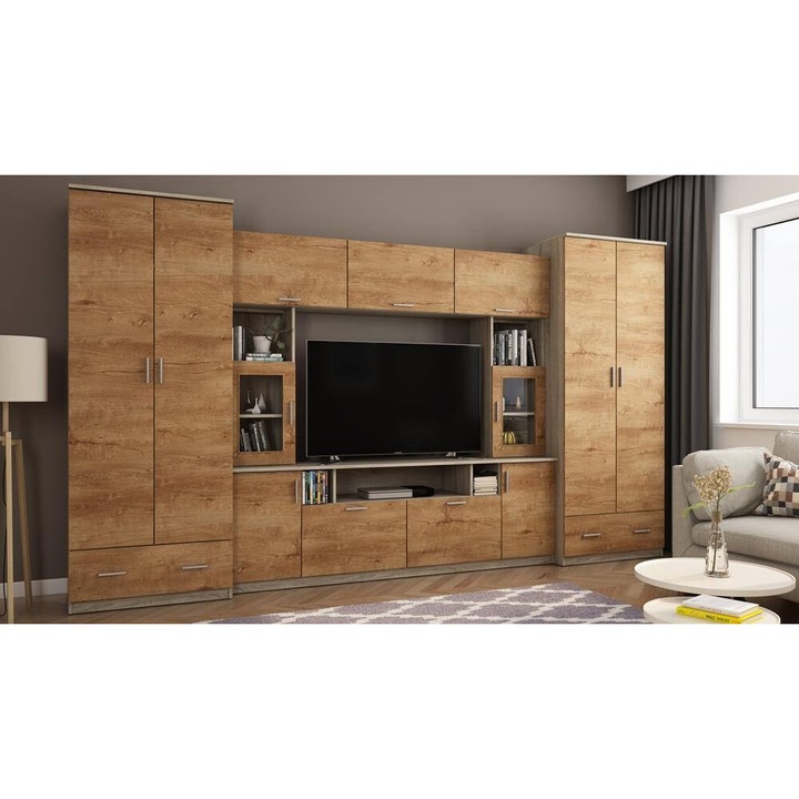 Set mobila biblioteca, Meblast, Tajga, 370 cm x 210 cm x 53 cm, dublu laminat, 18 mm, banda decorativa MDF sau Smooth, 13 usi, 2 sertare, Stejar Lefkas