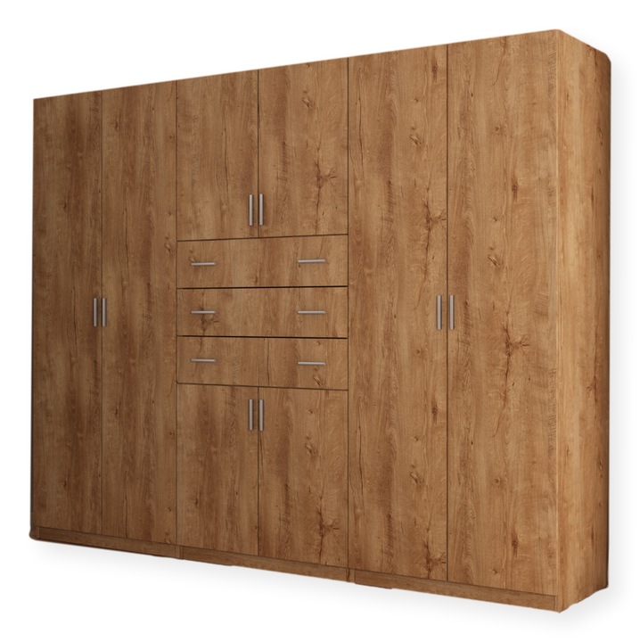 Dulap, Meblast, Premium lucrate manual, 225 cm x 210 cm x 57 cm, Sifonier, PAL 18 mm, HDF de 3 mm, PVC 0.8 mm, MDF, Numar de usi 8, Numar de sertare 3, Stejar Lefkas