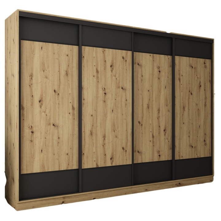 Dulap, Meblast, Premium lucrate manual, 320 cm x 244 cm x 64 cm, Sifonier, PAL 18 mm, HDF de 3 mm, PVC 0.8 mm, Numar de usi 4, Numar de sertare 6, Stejar Artisan/Negru