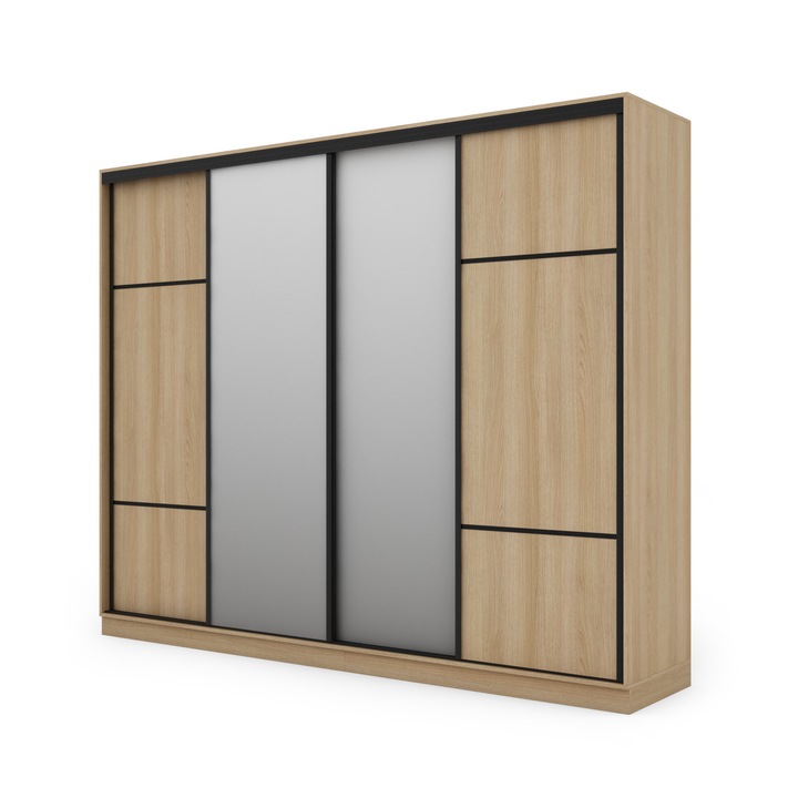 Dulap, Meblast, Premium lucrate manual, 300 cm x 244 cm x 64 cm, Sifonier, PAL 18 mm, HDF de 3 mm, PVC 0.8 mm, Numar de usi 4, Numar de sertare 5, Cu oglinda - 2 buc, Stejar Lindberg
