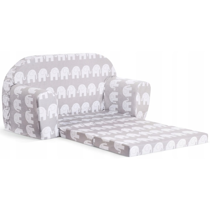 Canapea pliabila pentru copii Tuppi, 77x42x90cm, Husa detasabila, Model elefant, Alb/Gri