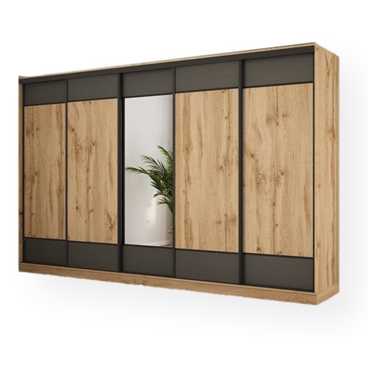 Dulap, Meblast, Premium lucrate manual, 400 cm x 244 cm x 64 cm, Sifonier, PAL 18 mm, HDF de 3 mm, PVC 0.8 mm, Numar de usi 5, Numar de sertare 8, Cu oglinda - 1 buc, Stejar Wotan/Grafit, 365744