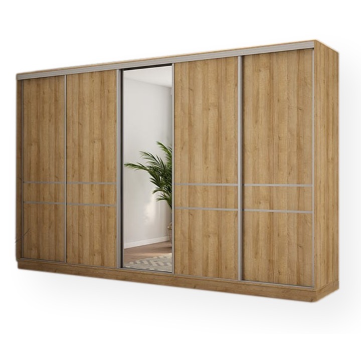 Dulap, Meblast, Premium lucrate manual, 360 cm x 244 cm x 65 cm, Sifonier, PAL 18 mm, HDF de 3 mm, PVC 0.8 mm, Numar de usi 5, Numar de sertare 4, Cu oglinda - 1 buc, Stejar Riva