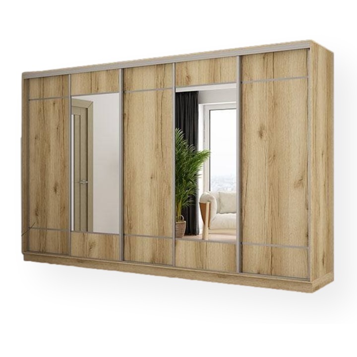 Dulap, Meblast, Premium lucrate manual, 400 cm x 244 cm x 64 cm, Sifonier, PAL 18 mm, HDF de 3 mm, PVC 0.8 mm, Numar de usi 5, Numar de sertare 8, Cu oglinda - 2 buc, Stejar Grand Natural, 365652